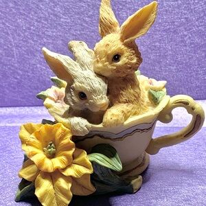 Bunny Duo Teacup Figurine with Yellow Flowers